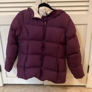 Lands' End Kids' Plum Puffer Jacket with hood, kids size XL (16).
